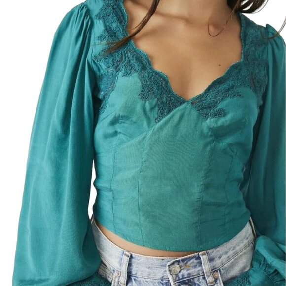Free People Janelle V-Neck Lace Trim Corset-Style Blouse Teal Balloon Sleeves S - Picture 3 of 13